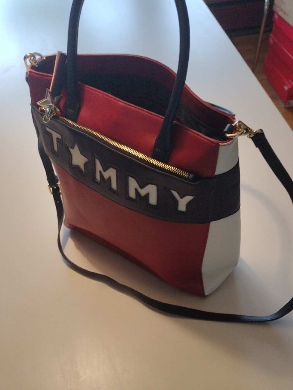 Tommy Hilfiger Red, Navy & White Messenger Tote with Star Charm